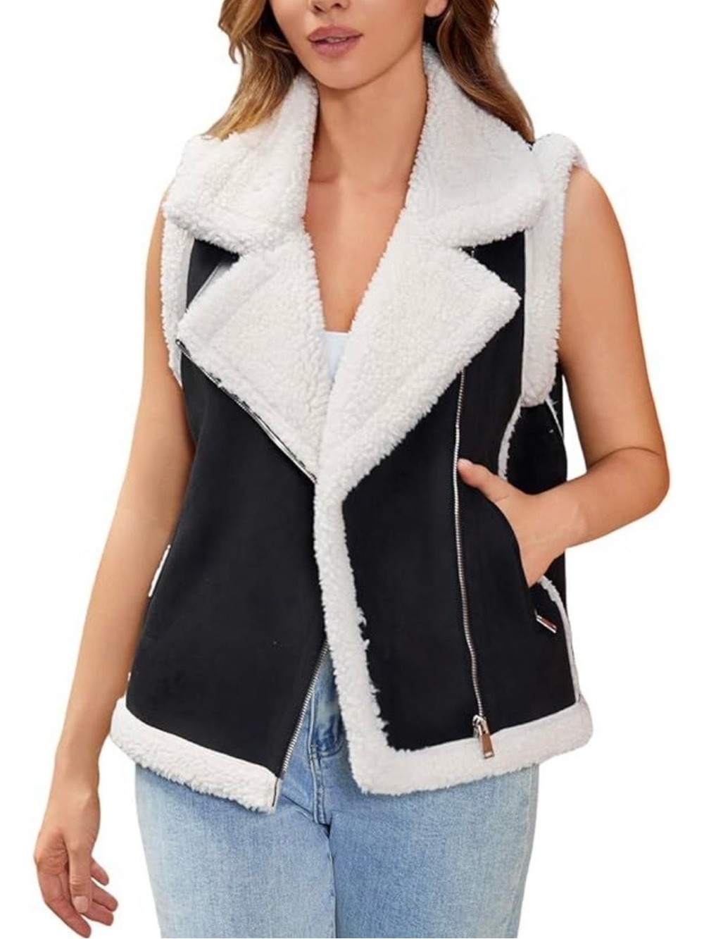Women's Fur Suede Vest Winter Warm Sherpa Leather Fur Lined Vest Size M